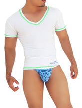 Icker Sea Contrast Stitching V Neck Short Sleeved T Shirt White/Green COI-S-14-WC-9