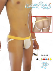 Yellow and white Icker Sea contrast jock strap underwear with wide waistband and minimalist design front view