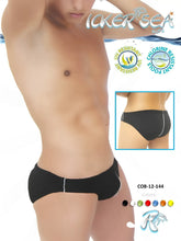 Black men’s slim fit icker sea contrast line slip bikini swim trunks with white stripes uv and chlorine resistant