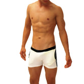 White athletic jock shorts with black elastic waistband and contrast side panels from icker sea SHR-19-01