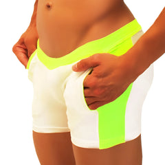 Icker Sea contrast side panel jock shorts in bright neon green and white with bold color block design for athletic use