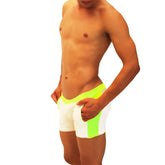 Icker Sea Contrast Side Panel Jock shorts in white and neon green with bold color-block design and athletic fit