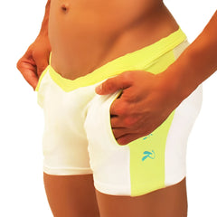 Icker sea contrast side panel jock shorts in white and neon yellow with side pocket and subtle teal logo