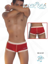 Red men’s boxer briefs with white contrast stitching and small logo on side for comfortable everyday wear