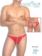 Red icker sea mesh jock brief with contrast pink stitching and distinctive cutout design for men