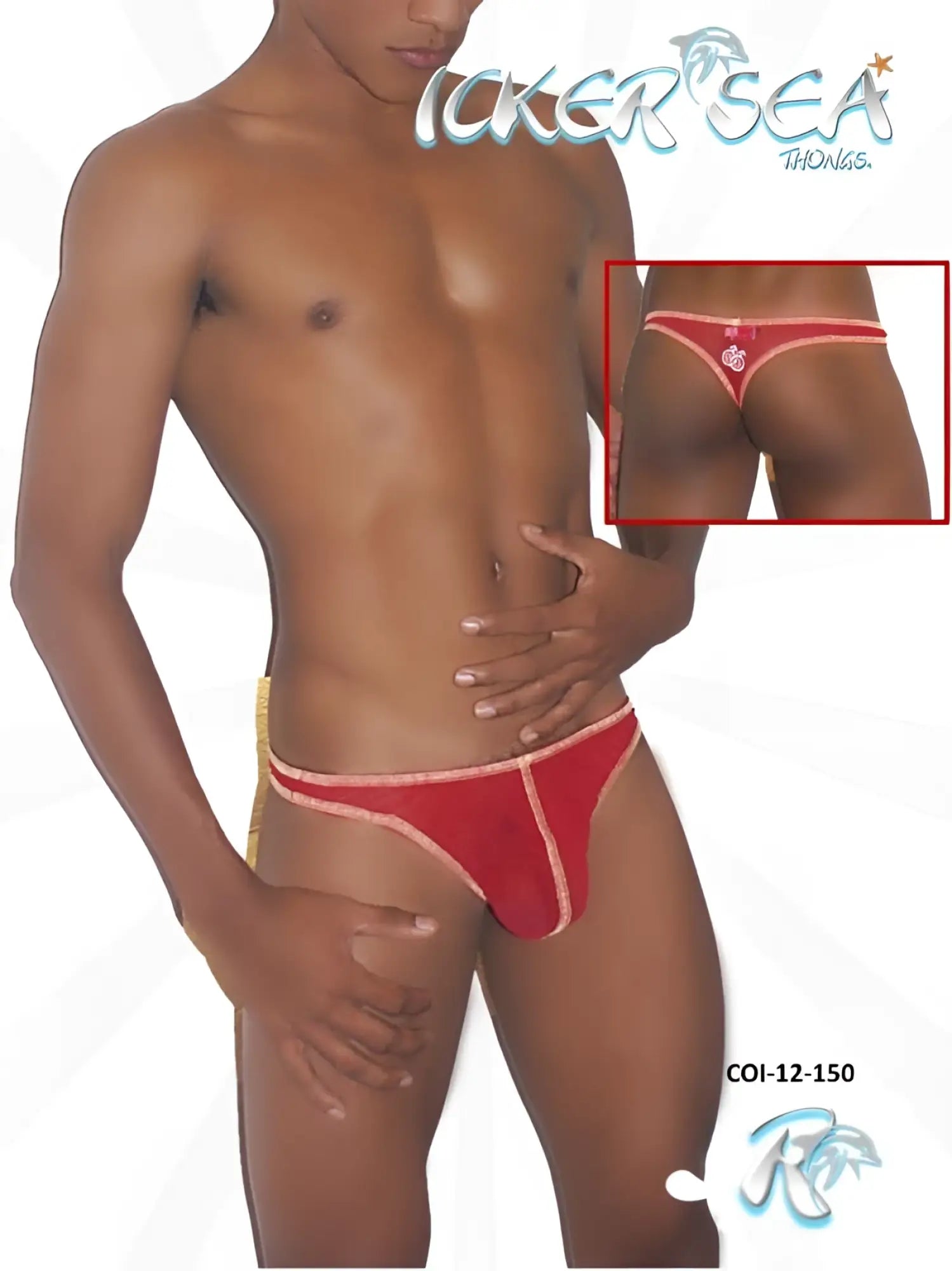 Red mesh thong underwear with pink trim and heart embellishment at back by icker sea contrast stitching COI-12-150T