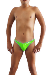 Bright neon green Icker Sea contrast stitching pouch underwear with light blue trim and white cheetah embroidery front