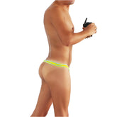 A pair of icker sea neon yellow and light blue striped thong underwear with contrast stitching pouch design