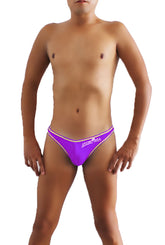 Purple icker sea contrast stitching pouch underwear with white trim and cursive logo on waistband