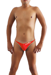 Red low-rise Icker Sea contrast stitching pouch briefs with gold trim and white logo on the waistband