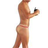 Red and white striped thong pouch underwear by icker sea with contrast stitching in red and green colors
