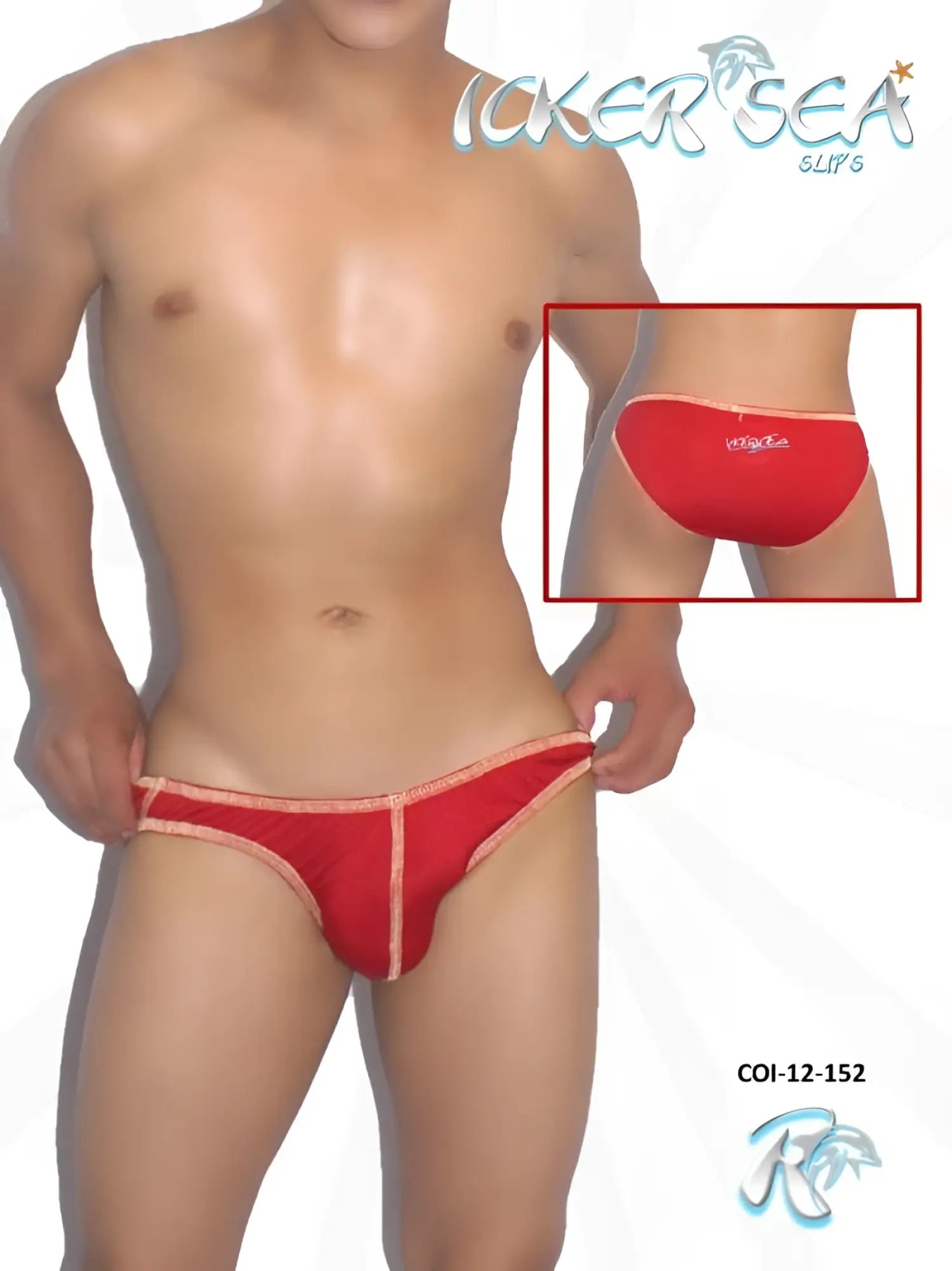Red icker sea swim briefs with contrasting peach trim featuring contrast stitching for stylish beachwear