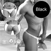 Black tanga thong swimwear by icker sea with white contrast stitching and textured waistband shown from the back