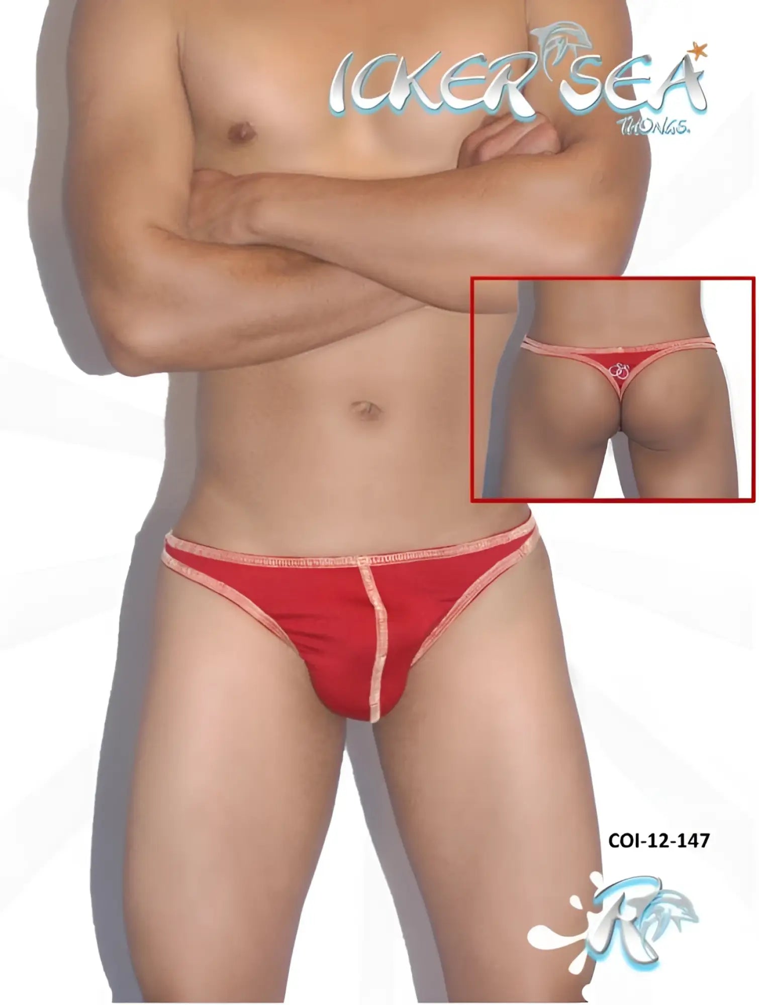 Back view of icker sea contrast stitching red thong underwear with pink trim and circular design on the back