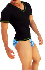 Icker Sea black v neck short sleeved t shirt with neon green contrast stitching for casual wear