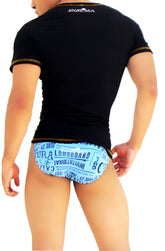 Blue graphic-print swim trunks with gold trim and vintage surf design paired with a black mango v neck t shirt