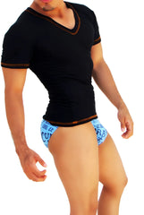 Icker Sea black v neck short sleeved t shirt with orange contrast stitching and brown trim for casual wear