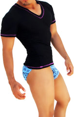Icker Sea black v neck short sleeved shirt with pink contrast stitching and matching shorts