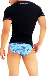 Black short-sleeved v neck t shirt with purple contrast stitching and white logo on back worn over blue swim trunks