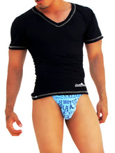 Black v neck short sleeve shirt with gray trim and subtle textured fabric by Icker Sea for casual wear