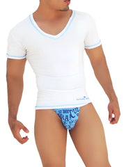 Icker Sea contrast stitching v neck white short sleeved t shirt with blue trim and subtle graphic print on lower hem