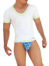 Icker sea contrast stitching white v neck short sleeved t shirt with neon green trim and blue patterned brief