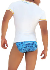 Back view of icker sea white short-sleeved v neck t-shirt with yellow trim and blue graphic print on the back