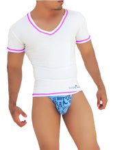 Icker Sea contrast stitching v neck short sleeved shirt white with pink trim fitted stretchy fabric design