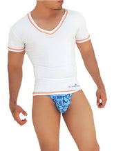White icker sea v neck short-sleeved shirt with orange trim paired with blue patterned briefs in front view