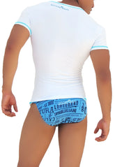 Back of white short sleeved rash guard with light blue trim and graphic print from Icker Sea COI-S-14-WC-2 product