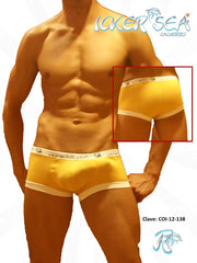 Yellow boxer briefs with white contrast trim and branded waistband made from soft fabric for comfortable wear