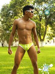 Bright lime green icker sea micro slip bikini swimwear with white contrast trim and drawstrings for swimming
