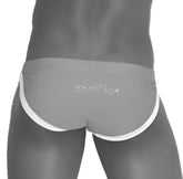 Gray briefs with white trim and subtle embroidered logo micro slip bikini swimwear by icker sea in red cob-13-15