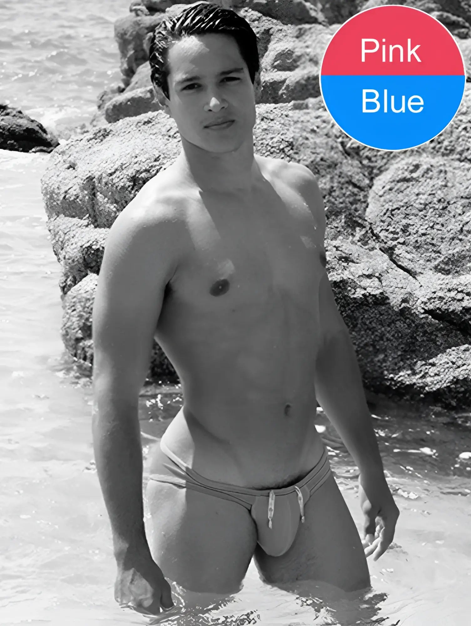 Icker Sea contrast trim mini brief bikini swimwear pink blue with minimalist swim trunks and adjustable drawstrings