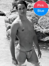 Icker Sea contrast trim mini brief bikini swimwear pink blue with minimalist swim trunks and adjustable drawstrings