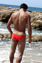 Icker Sea contrast trim mini brief bikini swimwear in bright red with neon green trim for swimming and beachwear