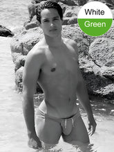 White and green icker sea contrast trim mini brief bikini swimwear with drawstring waistband for swimming