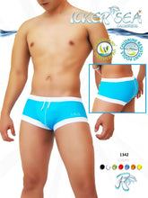 Icker Sea contrast trim square cut swim trunks in bright turquoise with white trim and drawstring waistband