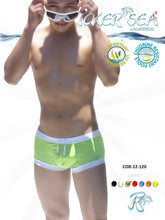 Icker Sea contrast trim square cut lime green swim trunks with white trim and drawstring for swimwear use