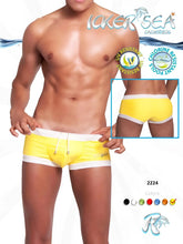 Bright yellow icker sea contrast trim square cut swim trunks with white trim and drawstring waistband for swimming