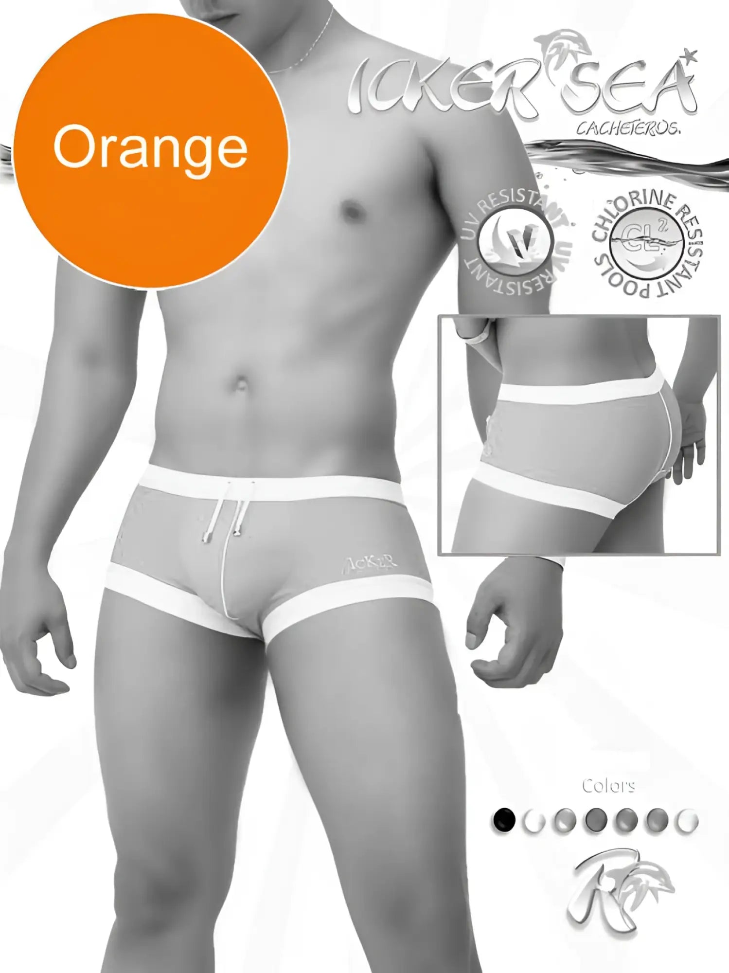 Orange icker sea contrast trim square cut swim trunks with white trim and drawstring waistband for men