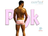 Pink icker sea contrast trim square cut trunk swimwear briefs with white trim for men