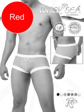 Red men’s square cut swim trunks with white contrast trim and drawstring waistband for beachwear by icker sea