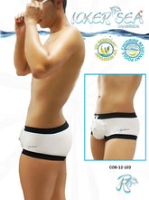 White icker sea contrast trim square cut swim trunks with black trim and uv chlorine resistant fabric