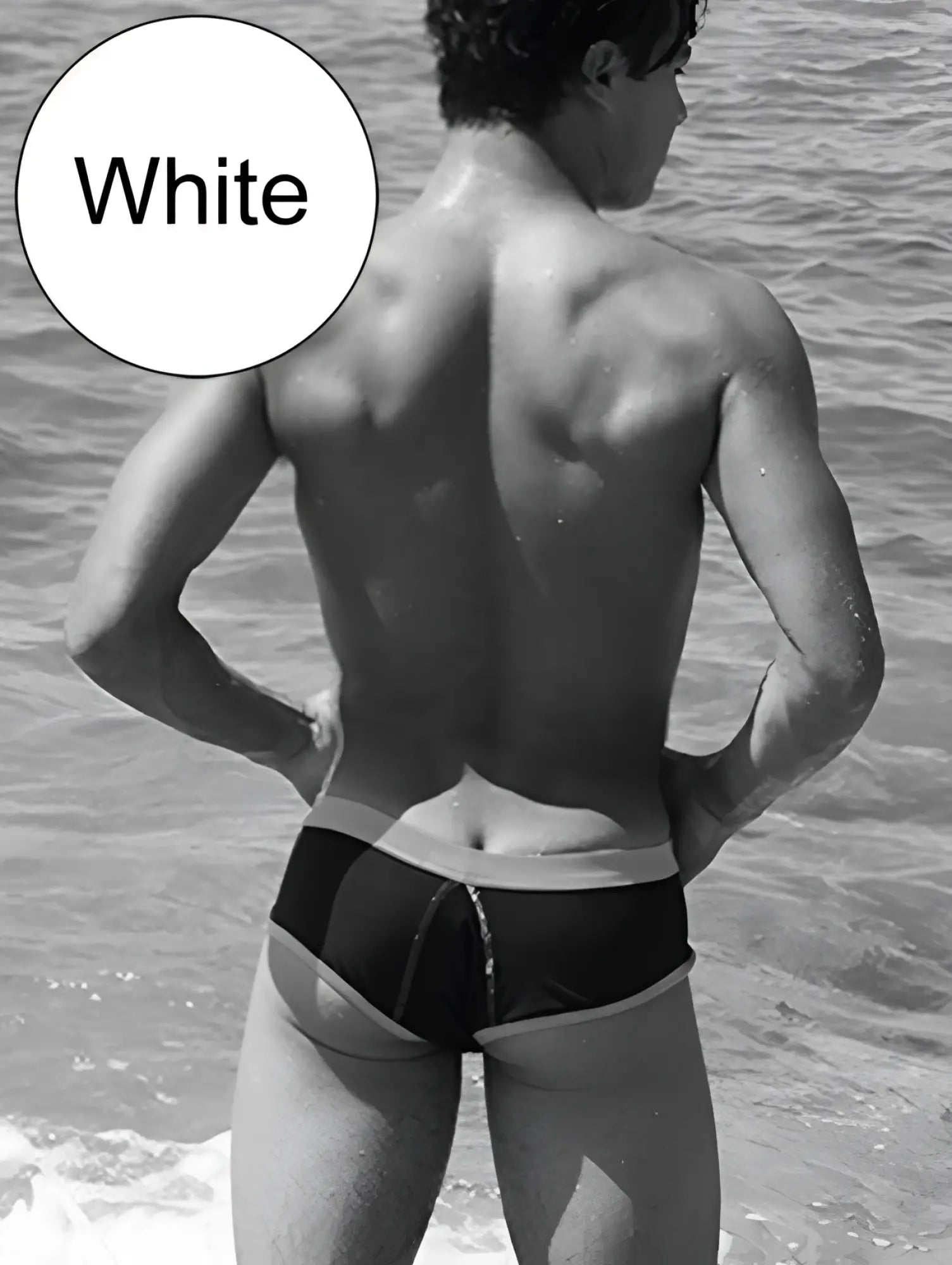 White swim trunks with contrasting black panel and trim from icker sea cheeky mini bikini swimwear cob 15 39