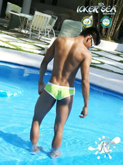 Icker Sea bright green and white cheeky mini bikini swimwear with contrast trim and stitching in an athletic cut