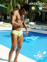 Icker Sea contrast trim and stitching cheeky mini bikini swimwear in bright lime green with white trim and zipper detail
