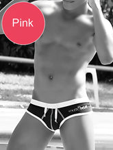 Pink swim trunks with white waistband and drawstring featuring vixen logo in icker sea cheeky mini bikini style
