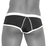 Black cheeky mini bikini swimwear with white contrast trim and stitching details for a stylish beach look