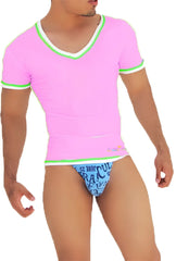 Icker Sea contrast trim v neck short sleeved t shirt pink with green trim and small logo on lower left side